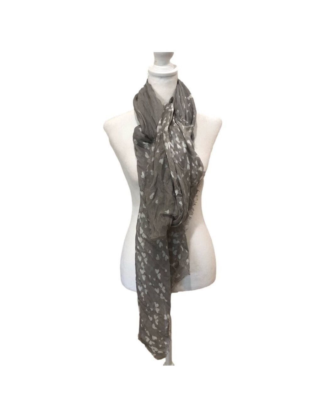 TILO scarf/wrap taupe with cream hearts. Eyelash fringe hem. 76”x38”
